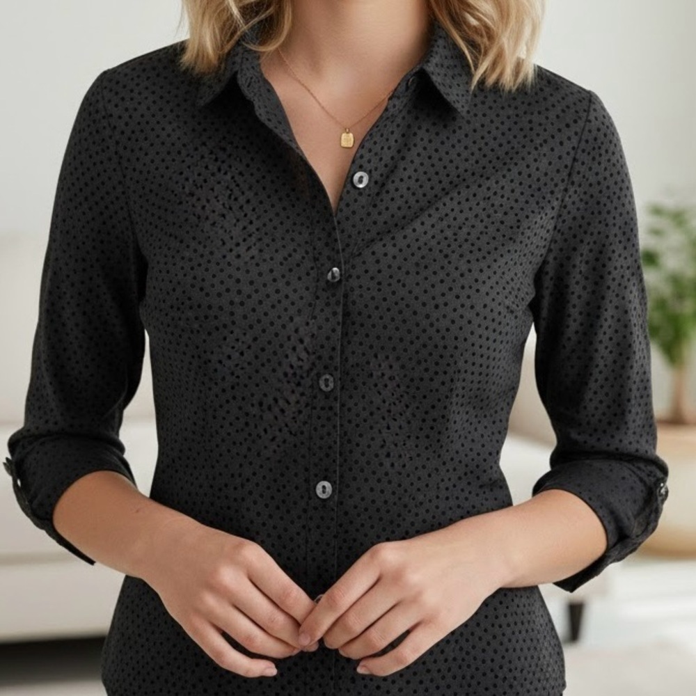 Charcoal Grey Polka Dot Button Down Blouse Parisian Chic Dark Academia Office
